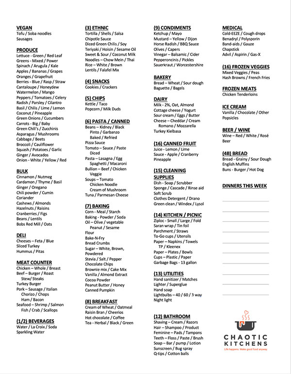 Chaotic Kitchen Shopping Highlighter List